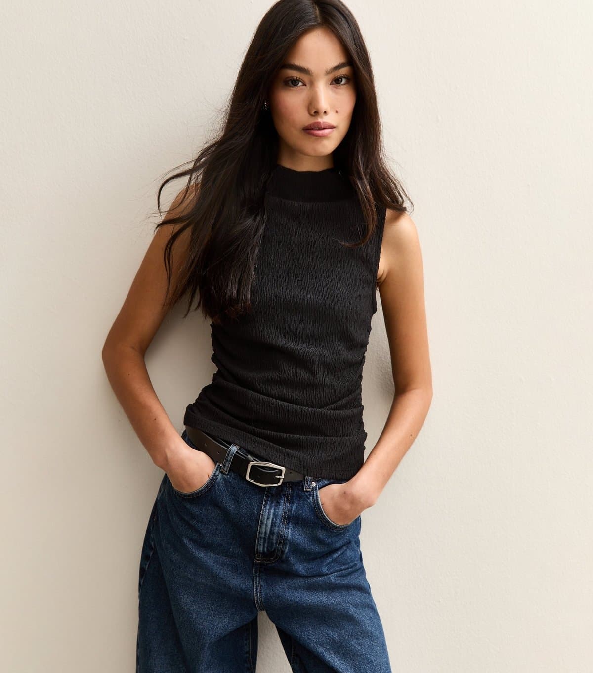 New Look New Look Black Textured Jersey Ruched Tank Top