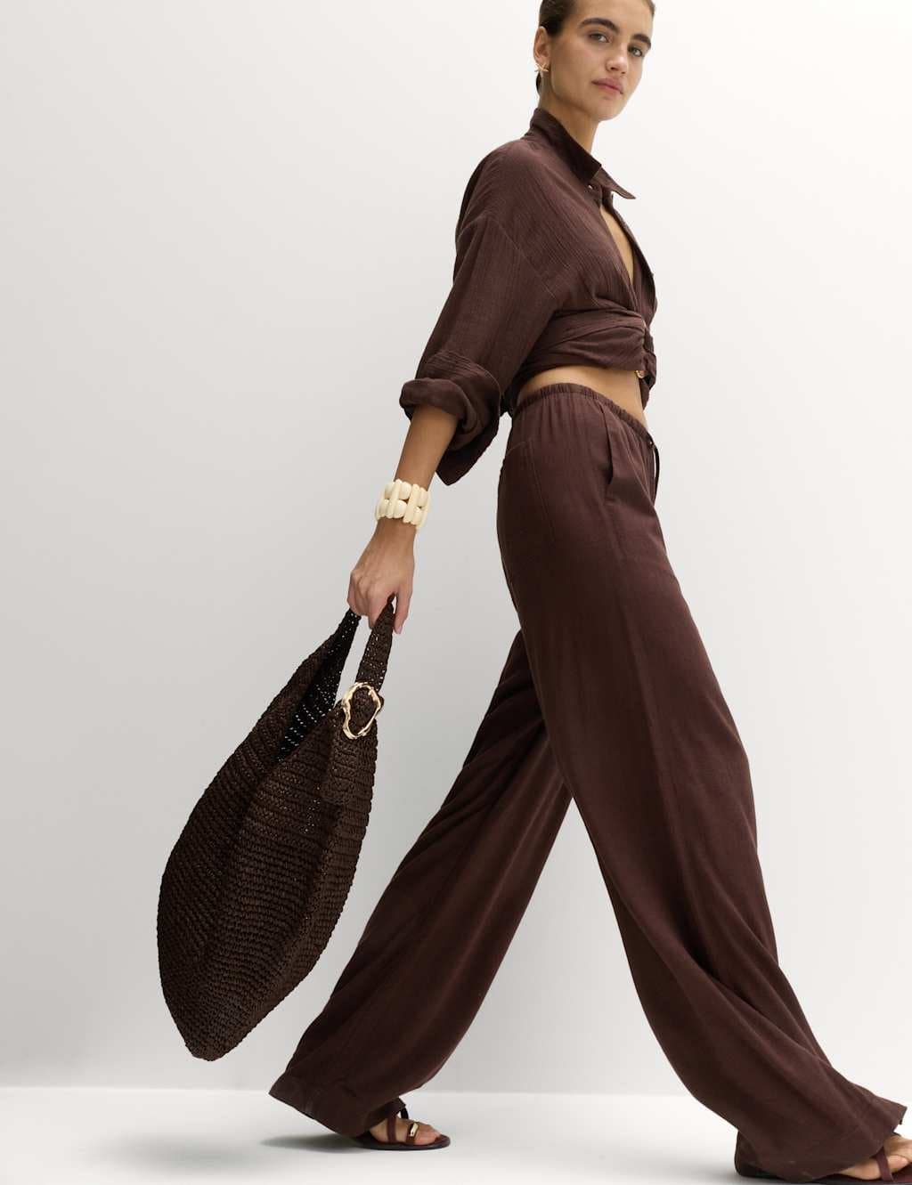 Marks & Spencer M&S Drawstring Wide Leg Trousers with Linen Peat