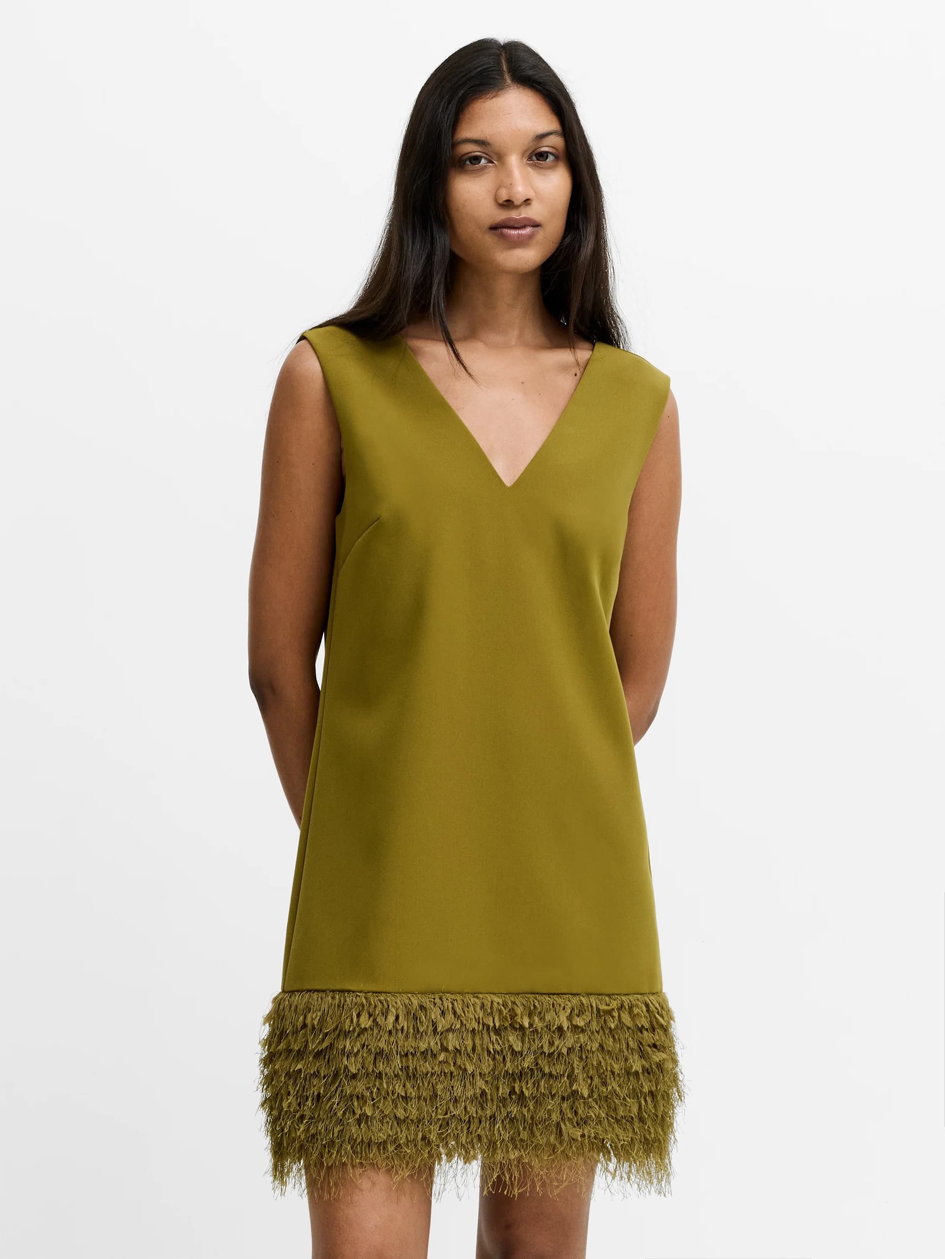 French Connection Azra Green Faux Feather Trim Mini Dress Moss Green