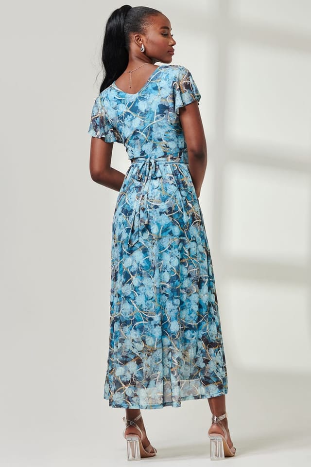 Jolie Moi Jolie Moi Women's Wrap Dip Hem Mesh Maxi Dress in Blue - 2