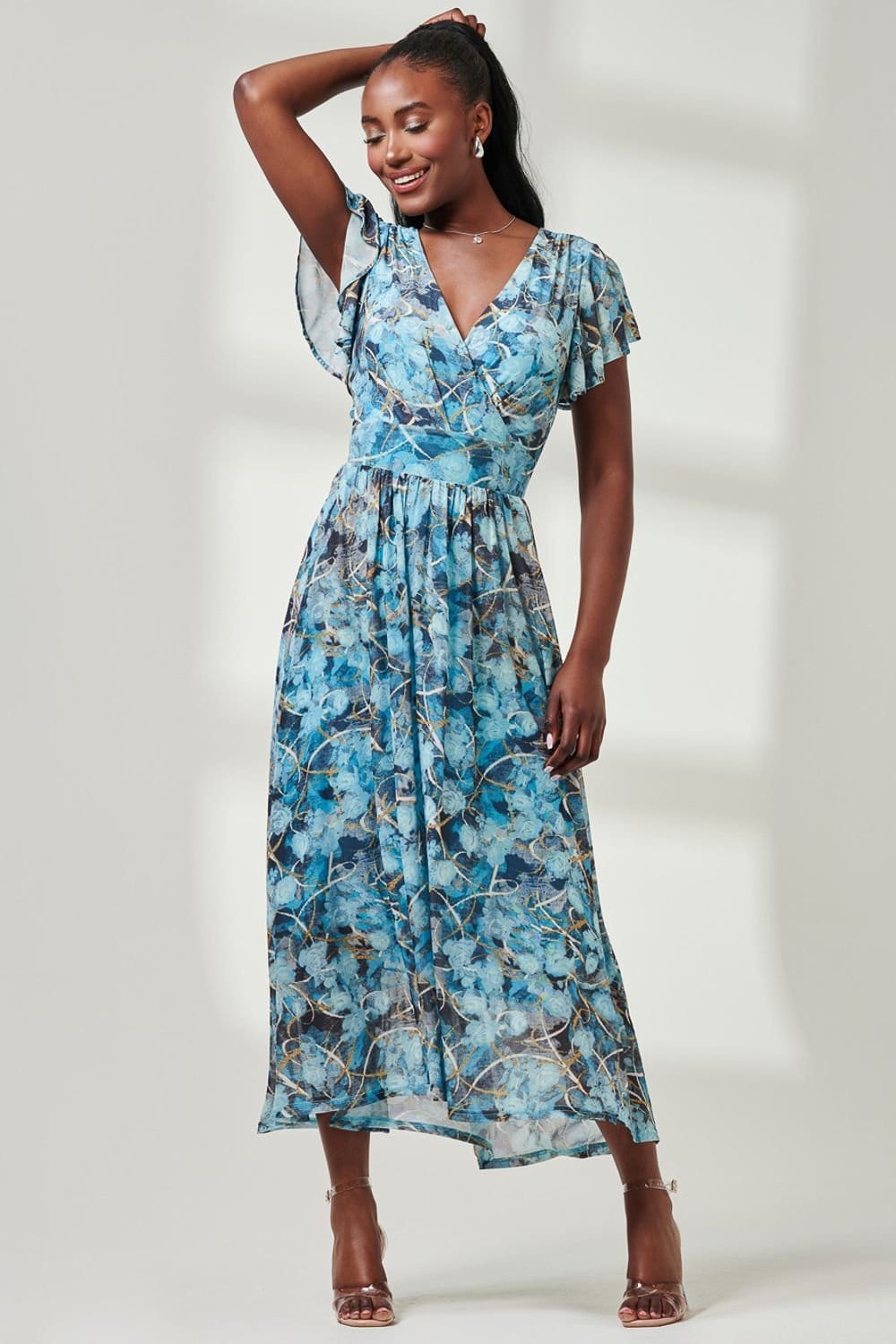 Jolie Moi Jolie Moi Women's Wrap Dip Hem Mesh Maxi Dress in Blue - 4