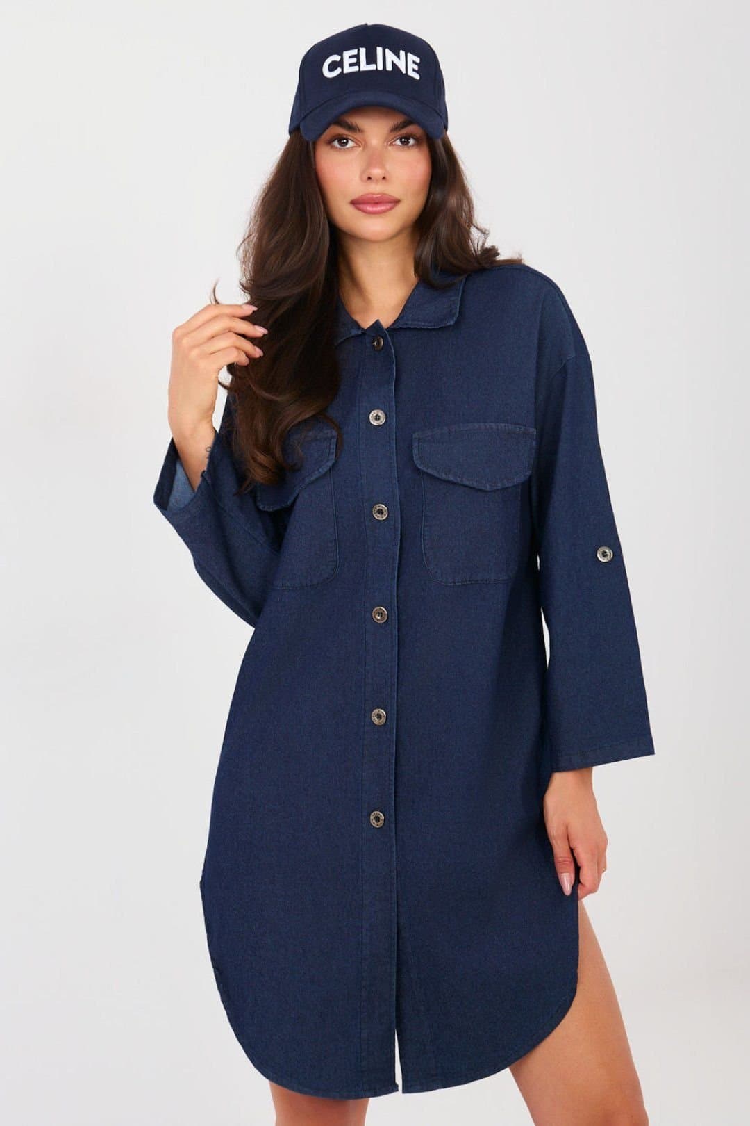 Love Lace Love Lace Women's Cotton Elastane Shirt Dress with Pockets in Blue