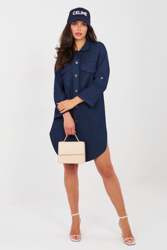 Love Lace Love Lace Women's Cotton Elastane Shirt Dress with Pockets in Blue - 2