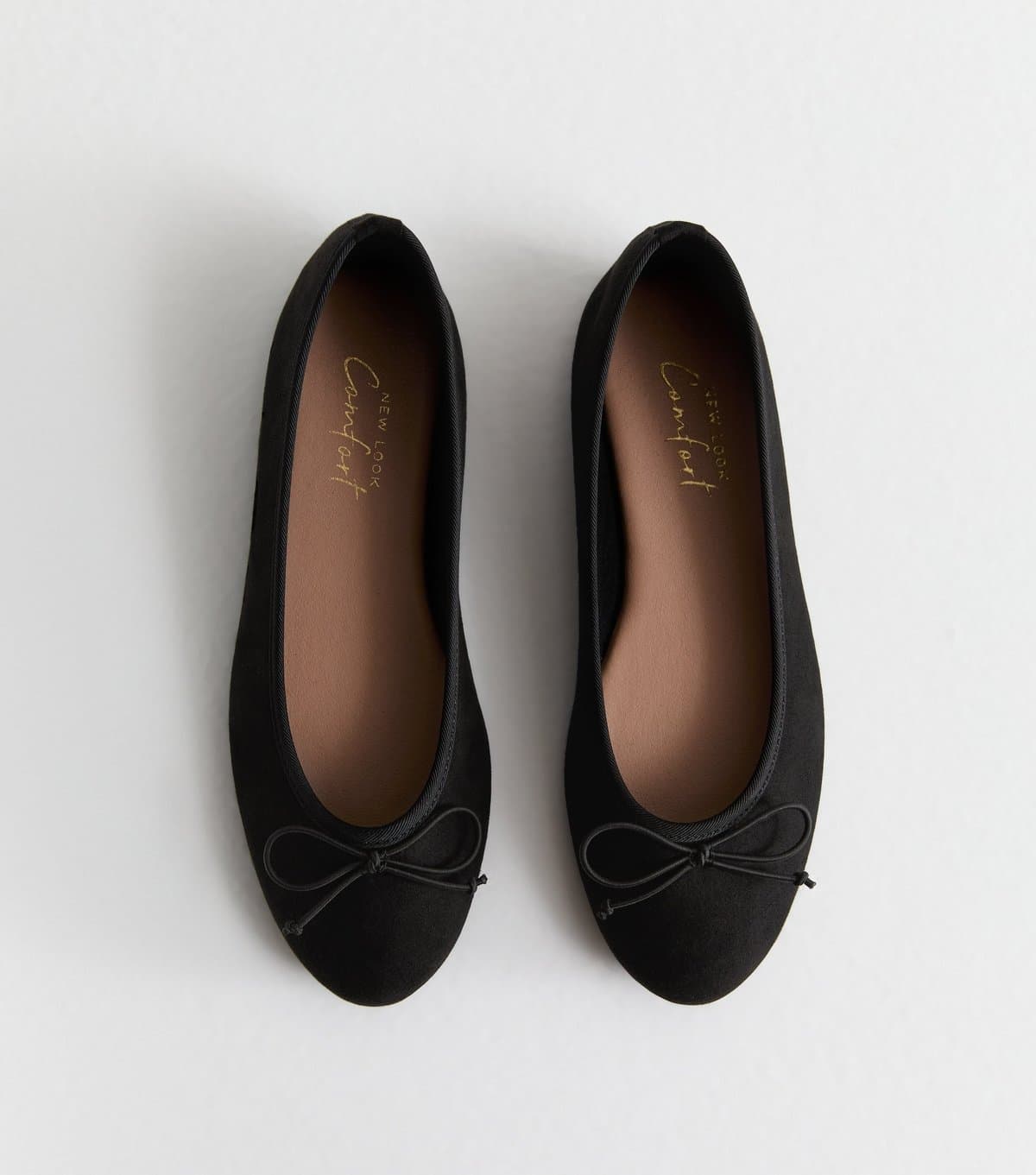 New Look Women's Black Suede-Look Bow-Trim Flat Ballerina Shoes New Look