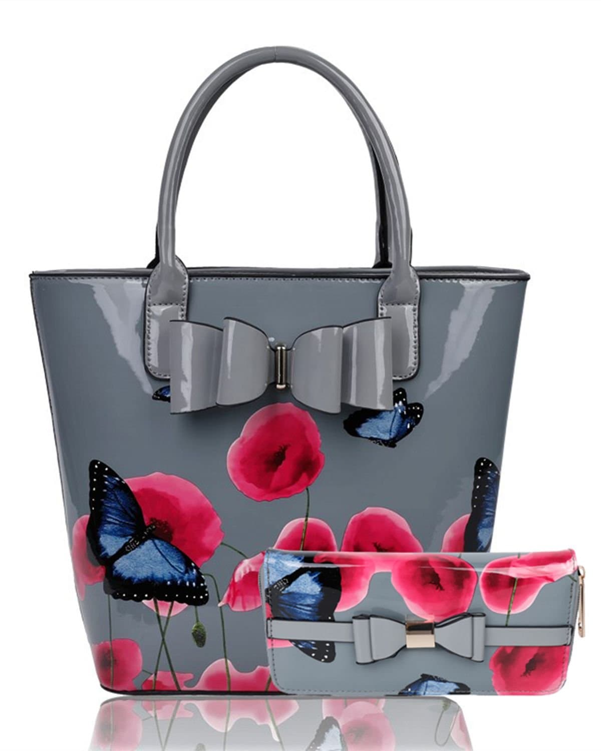 Fontanella Fashion Fontanella Fashion Women's Amapola 2IN1 Poppy Flower & Buttlefly Bucket Shaped Top-Handle Bag With Purse Set in Dark Grey
