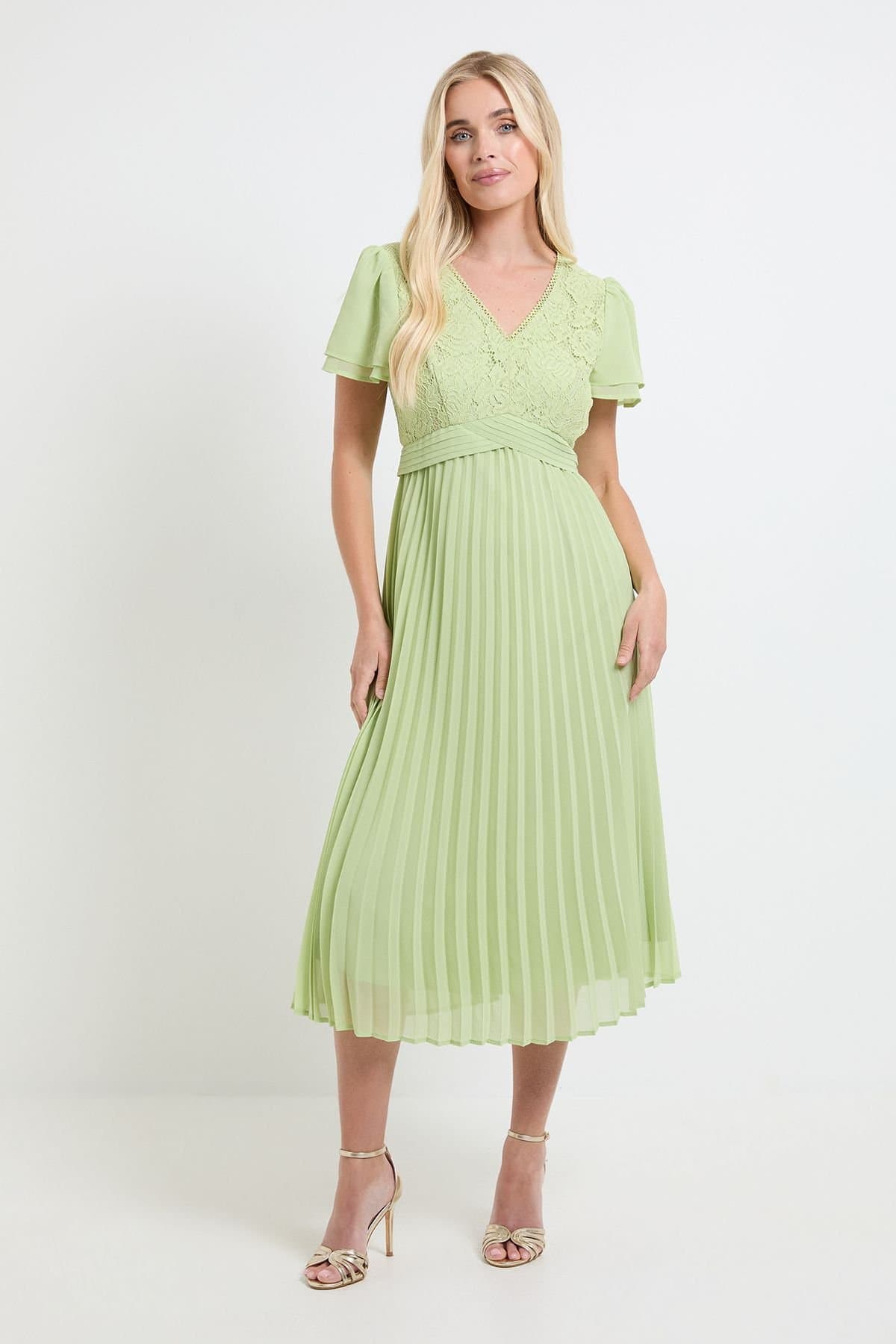 Wallis Wallis Women's Petite Lace Pleat Detail Midi Dress in Green