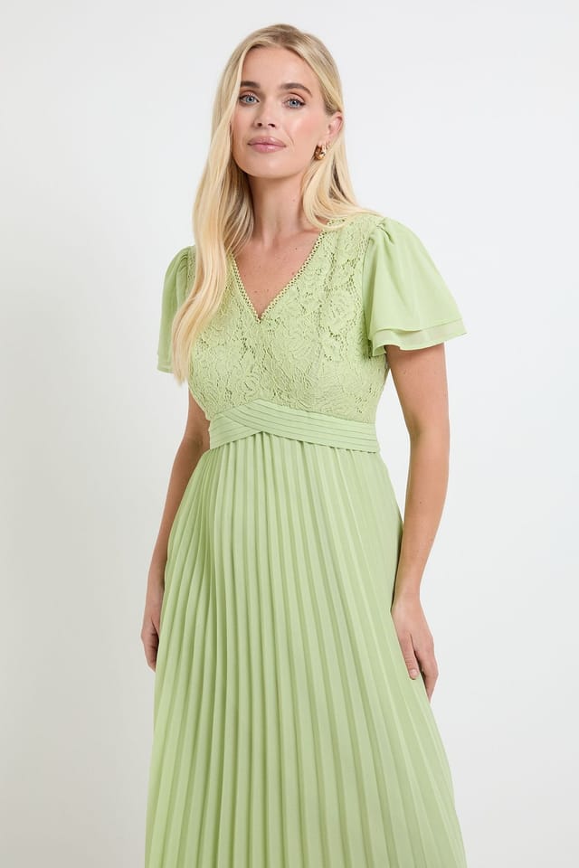 Wallis Wallis Women's Petite Lace Pleat Detail Midi Dress in Green - 2