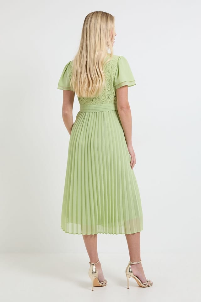Wallis Wallis Women's Petite Lace Pleat Detail Midi Dress in Green - 3