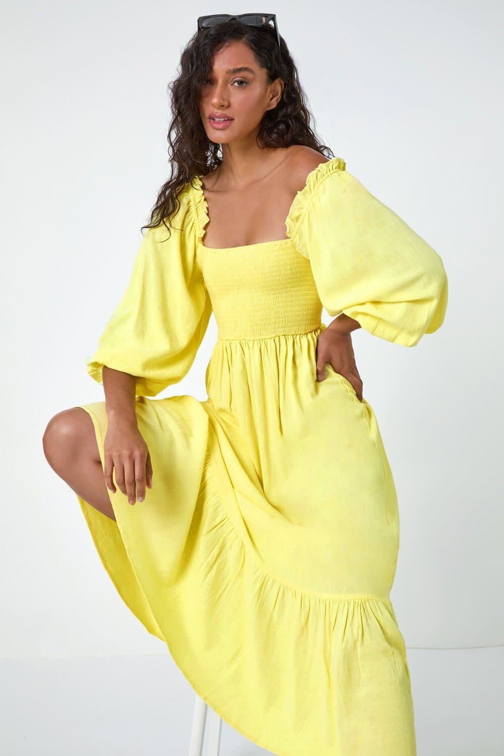 DUSK Dusk Yellow Linen Tiered Maxi Dress
