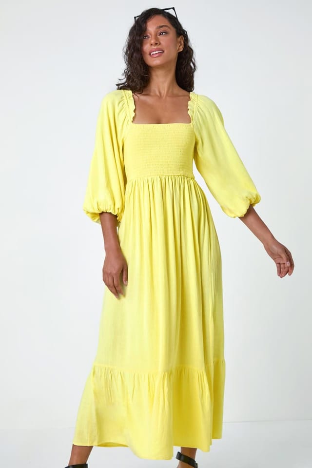 DUSK Dusk Women's Shirred Bodice Tiered Maxi Dress in Yellow - 2