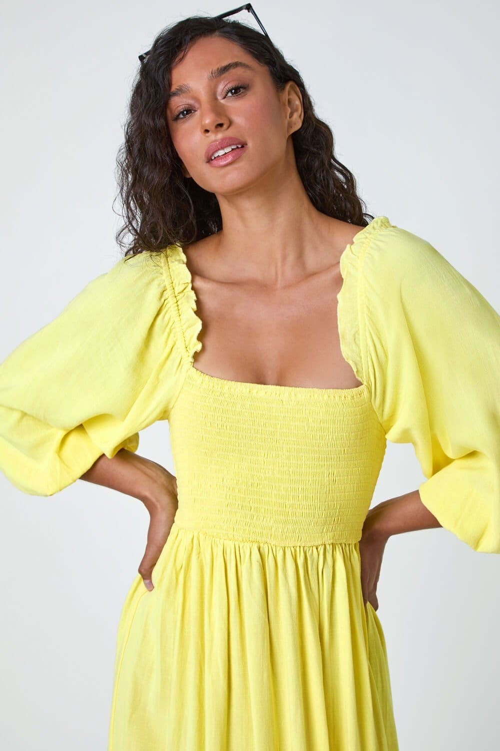 DUSK Dusk Women's Shirred Bodice Tiered Maxi Dress in Yellow - 4