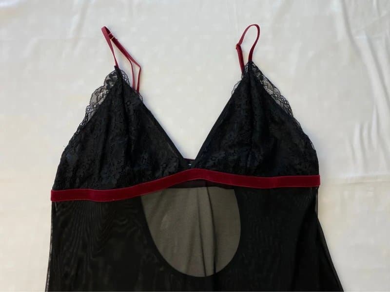 INC International Concepts Black sheer mesh lace slip dress | velvet trim | Y2K lingerie style | UK 14