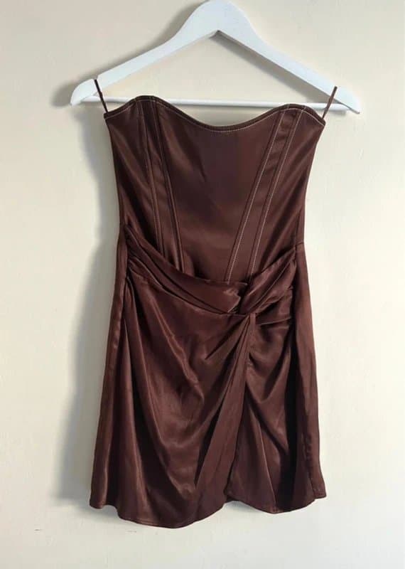 Zara 🤎 Zara Satin Corset Mini Dress Chocolate Brown Strapless Ruched Party Dress NWT 🤎