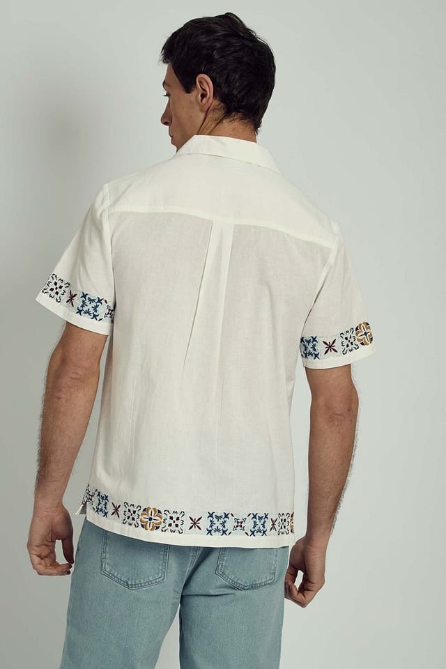 Native Youth Native Youth Men's Cotton Linen Short Sleeve Embroidered Shirt in White - 2