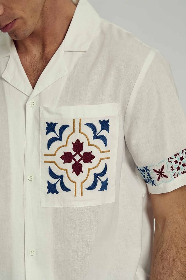 Native Youth Native Youth Men's Cotton Linen Short Sleeve Embroidered Shirt in White - 3