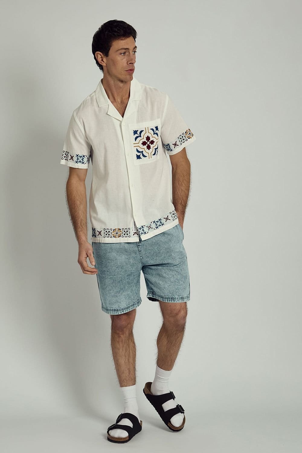 Native Youth Native Youth Men's Cotton Linen Short Sleeve Embroidered Shirt in White - 4
