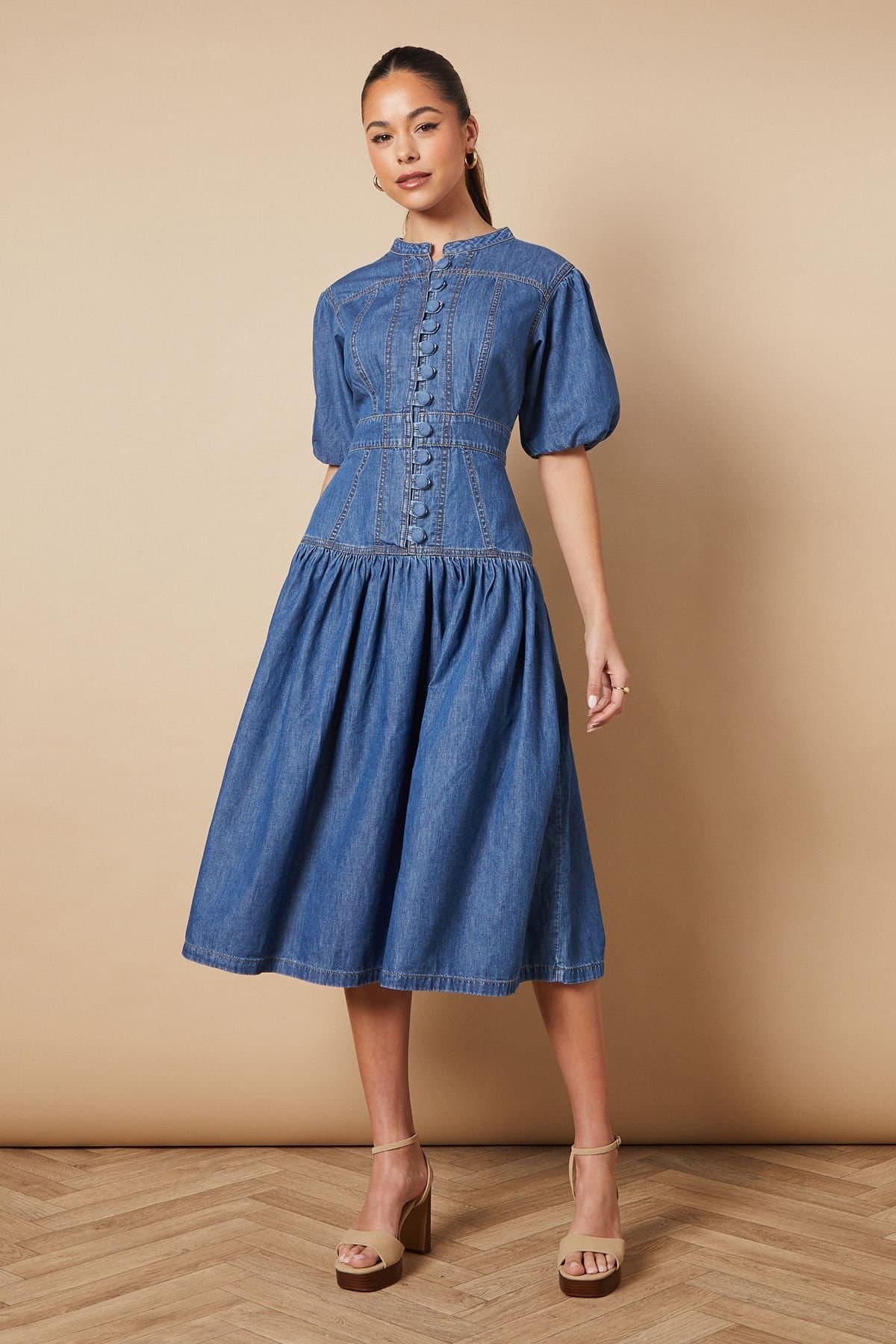 Oasis Oasis Women's Drop Waist Button Up Denim Midi Dress in Mid Wash