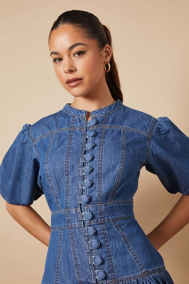 Oasis Oasis Women's Drop Waist Button Up Denim Midi Dress in Mid Wash - 2