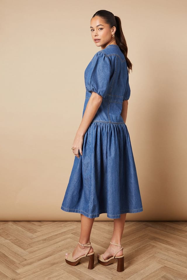 Oasis Oasis Women's Drop Waist Button Up Denim Midi Dress in Mid Wash - 3