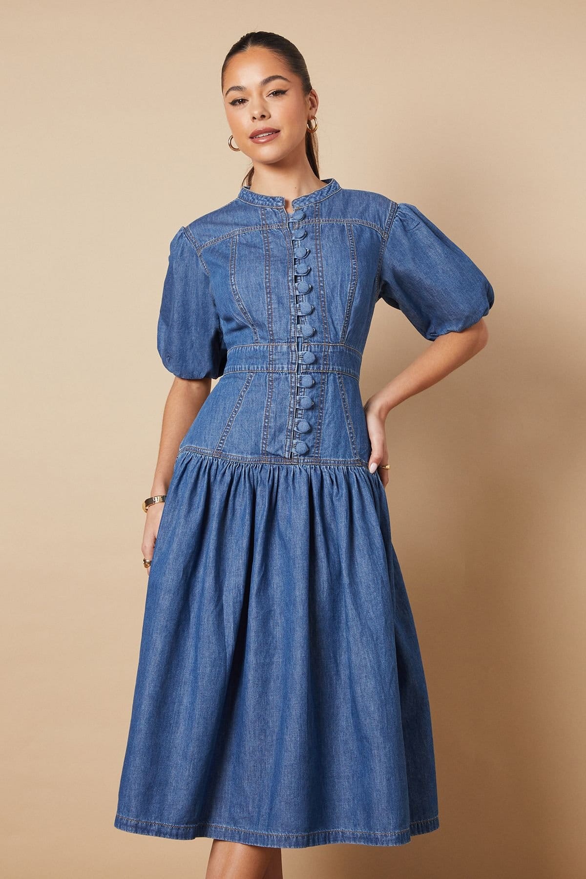 Oasis Oasis Women's Drop Waist Button Up Denim Midi Dress in Mid Wash - 4