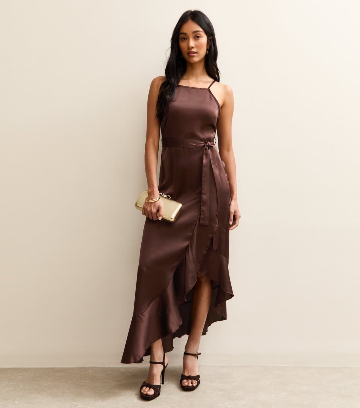 New Look New Look Dark Brown Satin Wrap Midi Dress