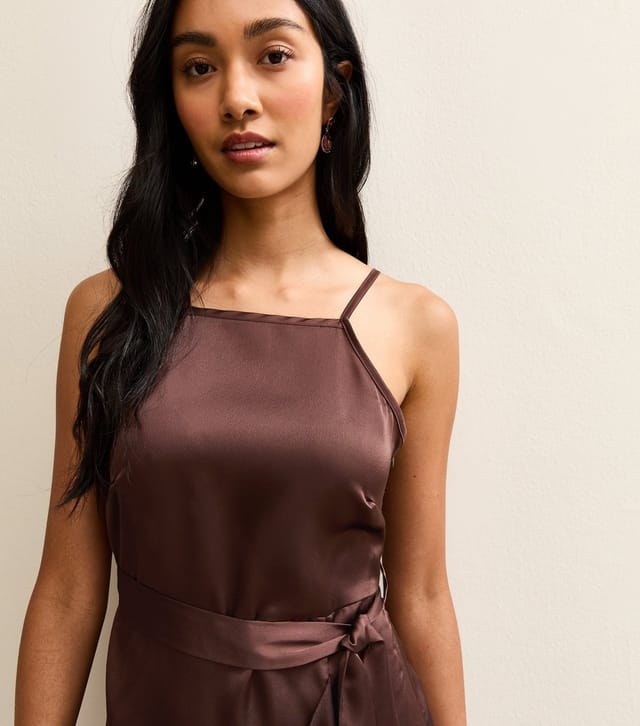 New Look Women's Dark Brown Satin Ruffled Wrap Midi Dress New Look - 2