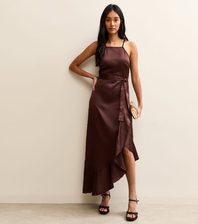New Look Women's Dark Brown Satin Ruffled Wrap Midi Dress New Look - 3