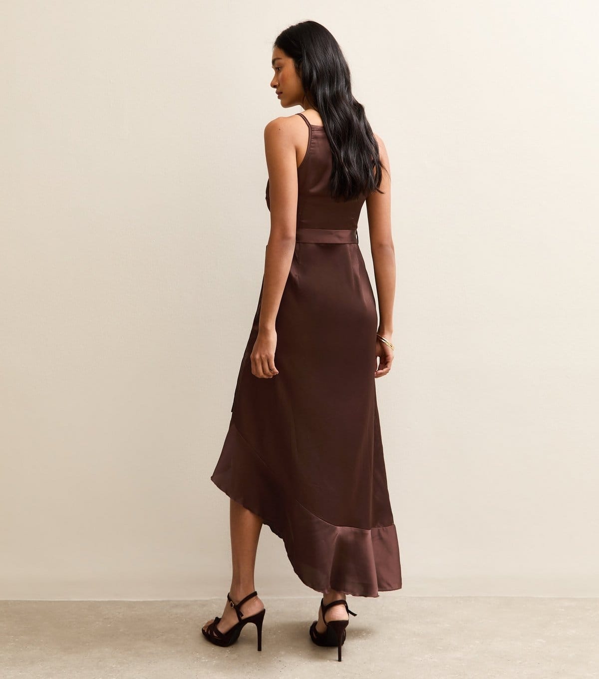 New Look Women's Dark Brown Satin Ruffled Wrap Midi Dress New Look - 4
