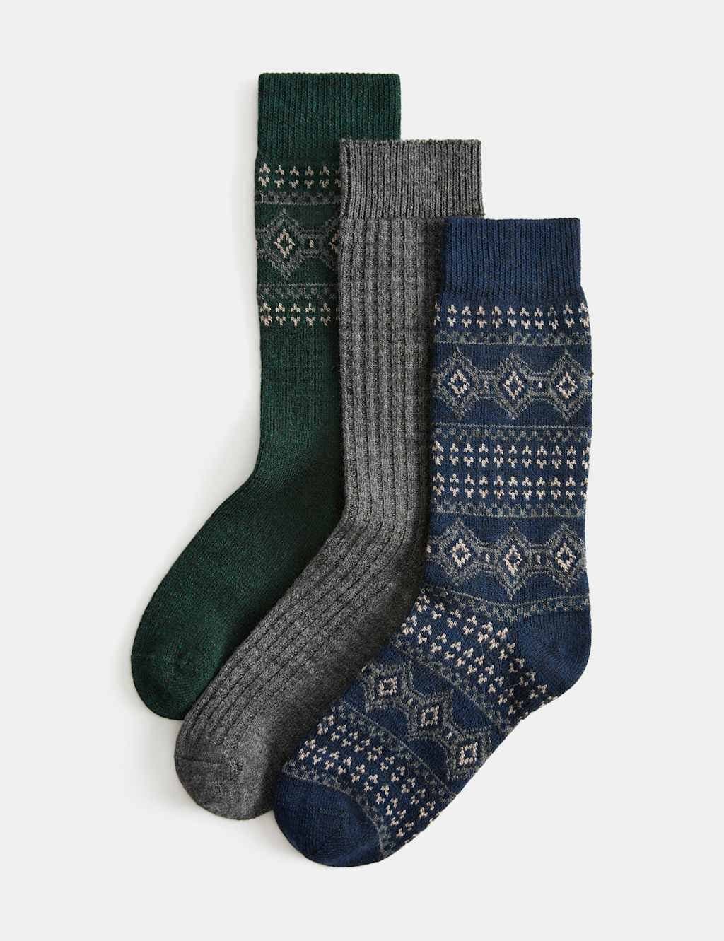 Marks & Spencer M&S 3 Pack Patterned Socks with Wool Green Mix