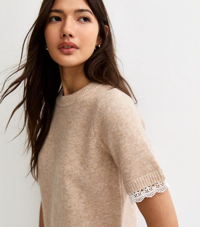 New Look Women's Oatmeal Lace Trim Knitted T-Shirt New Look - 2