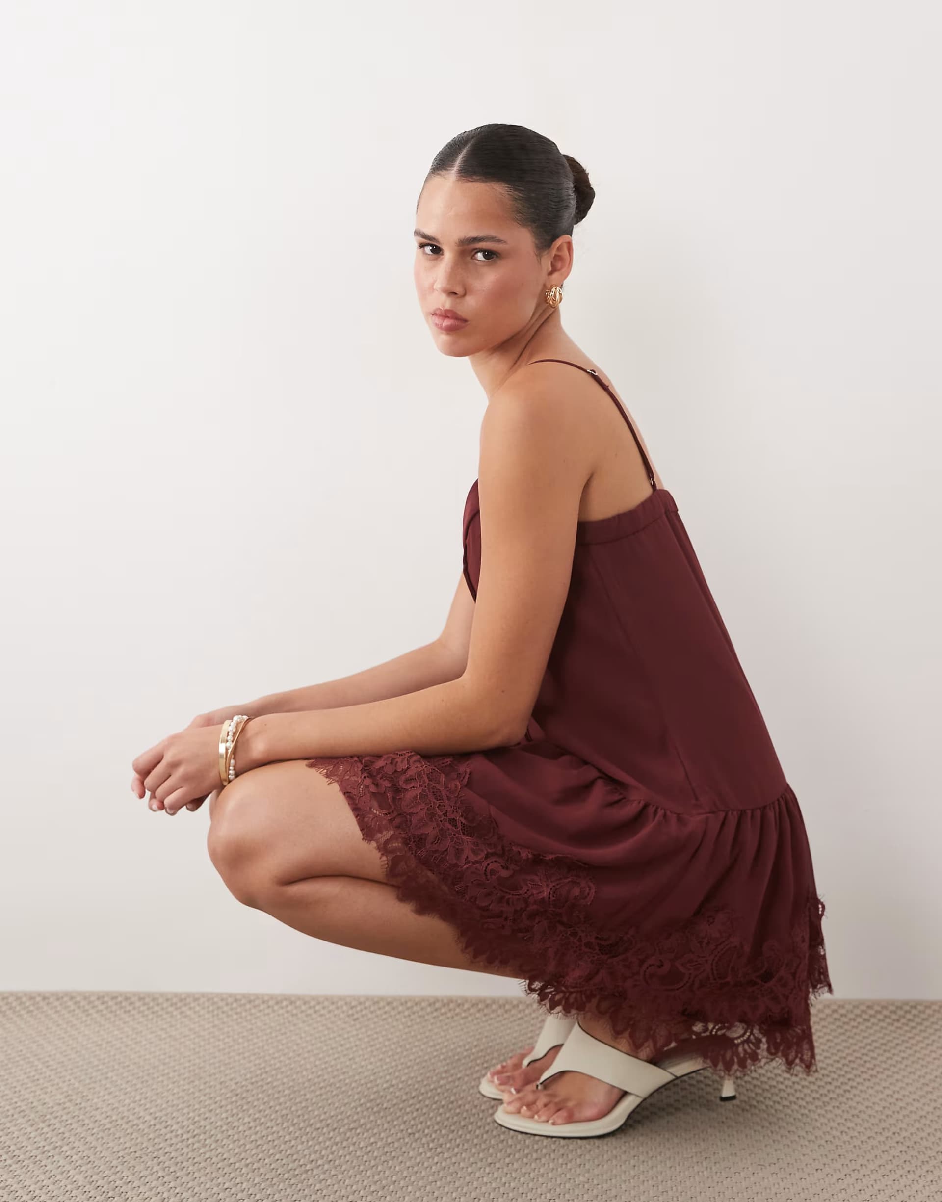 ASOS Abercrombie & Fitch v neck ruffle hem mini dress in burgundy