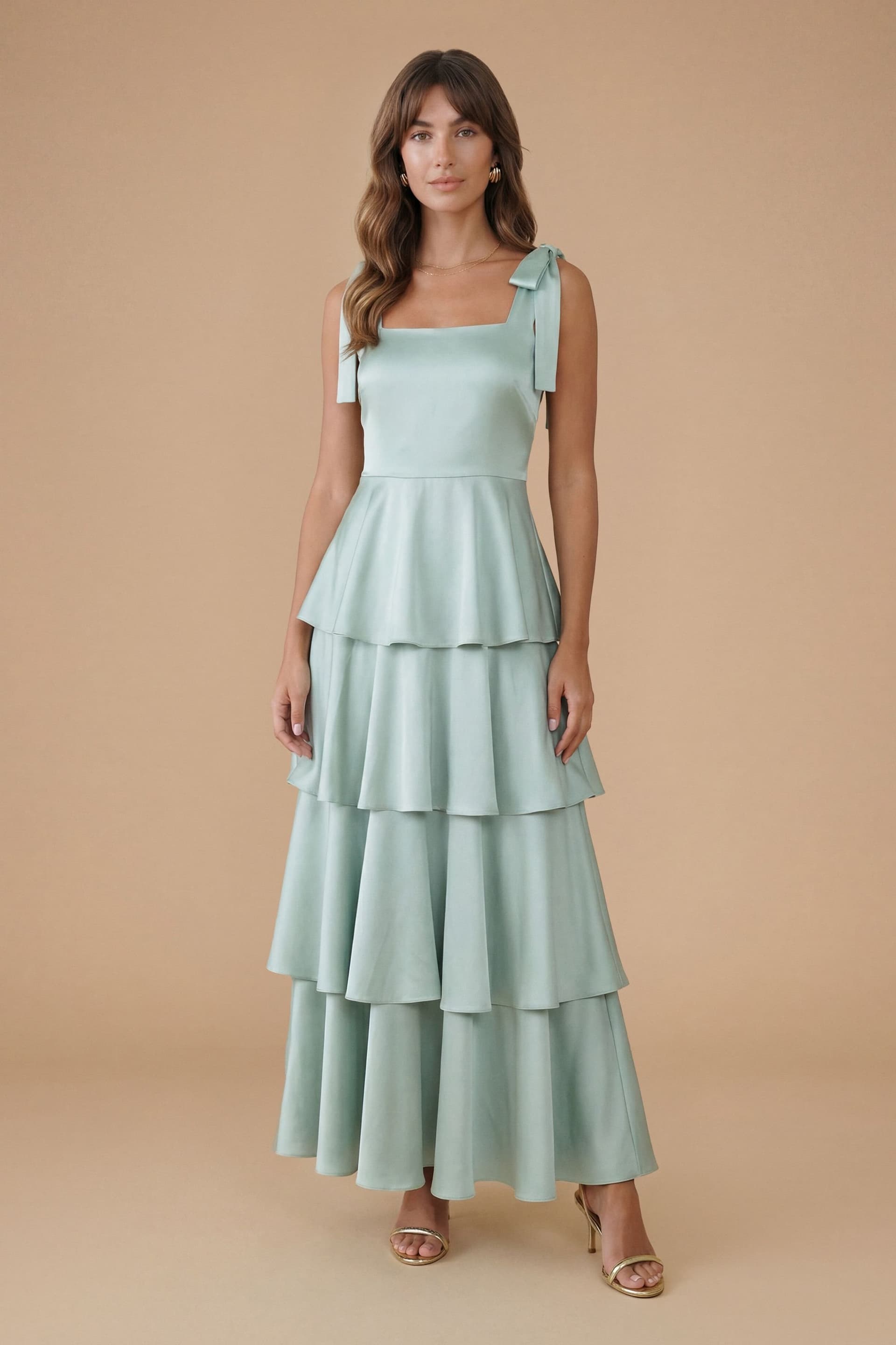 Oasis Oasis Women's Satin Tie Shoulder Tiered Bridesmaid Maxi Dress in Sage