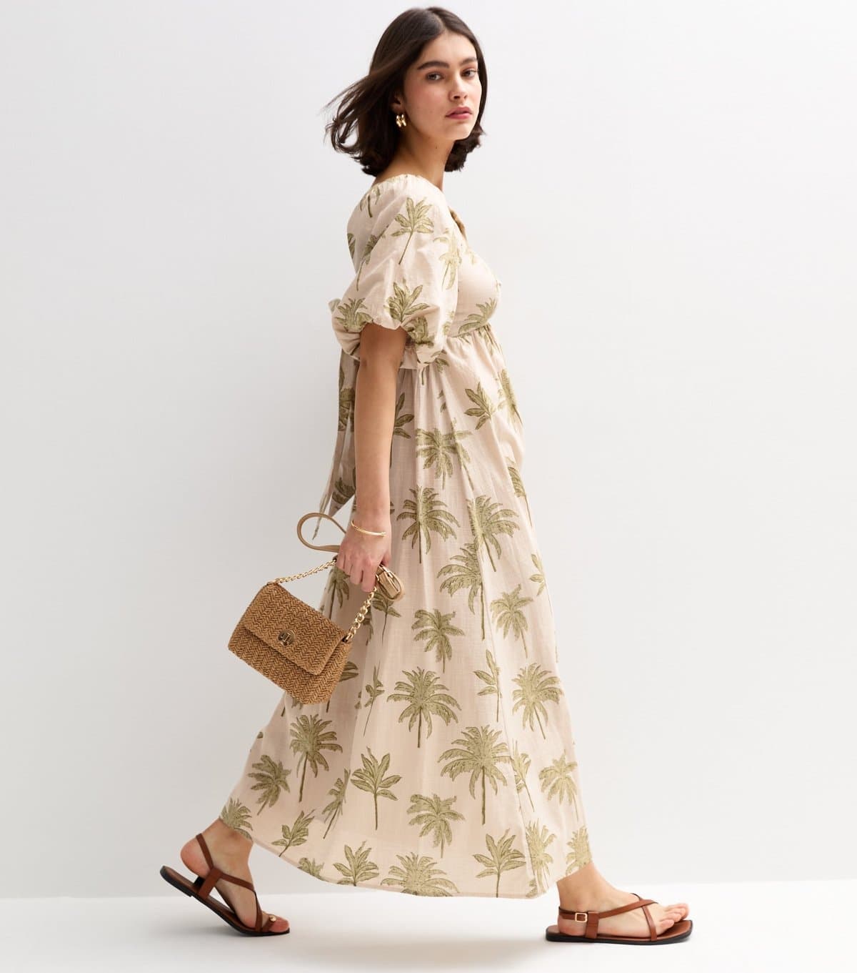 New Look Women's White Palm Tree Print Bow Back Midi Dress New Look