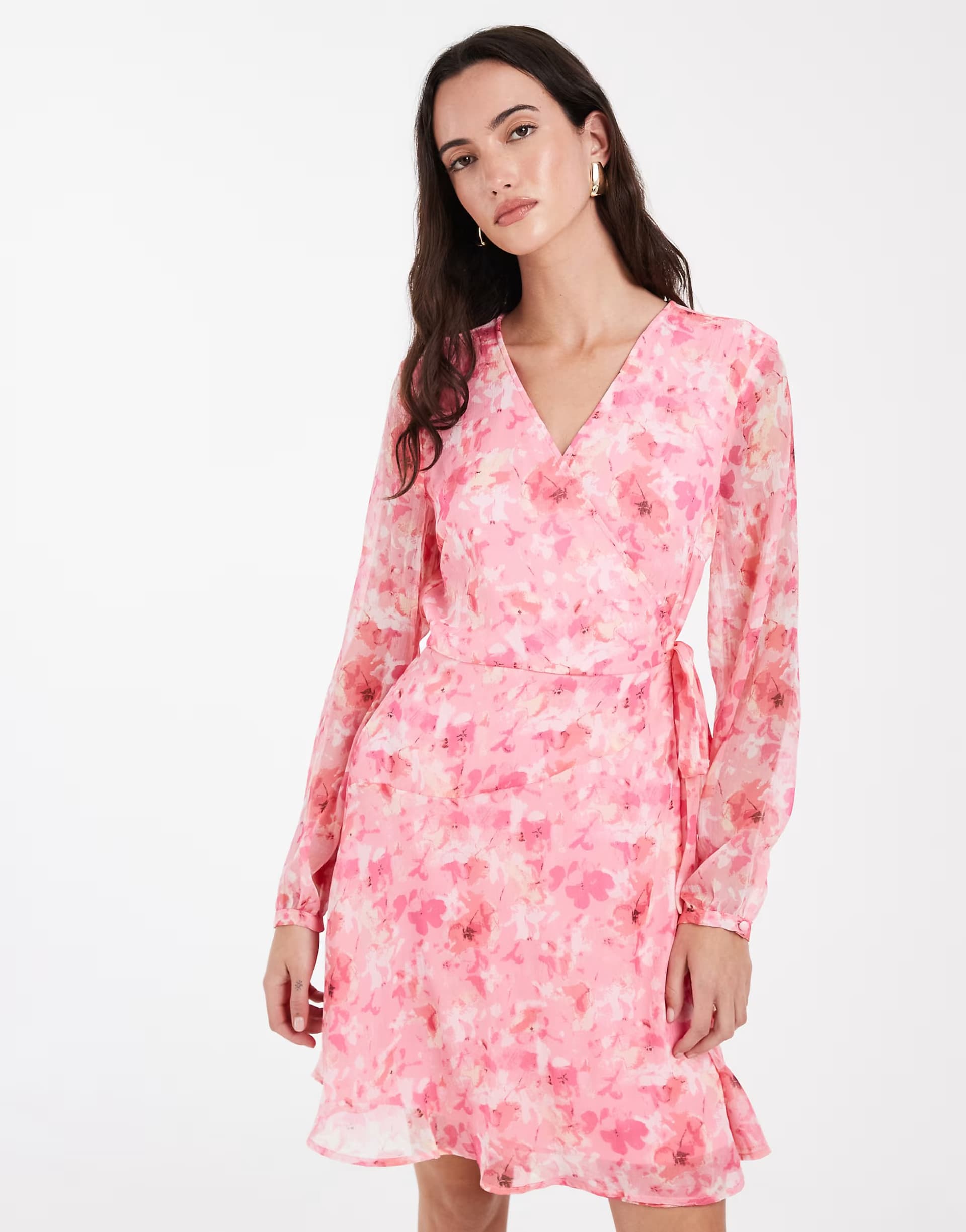 ASOS Vero Moda Smilla chiffon long sleeve wrap front mini dress in tonal pink floral print