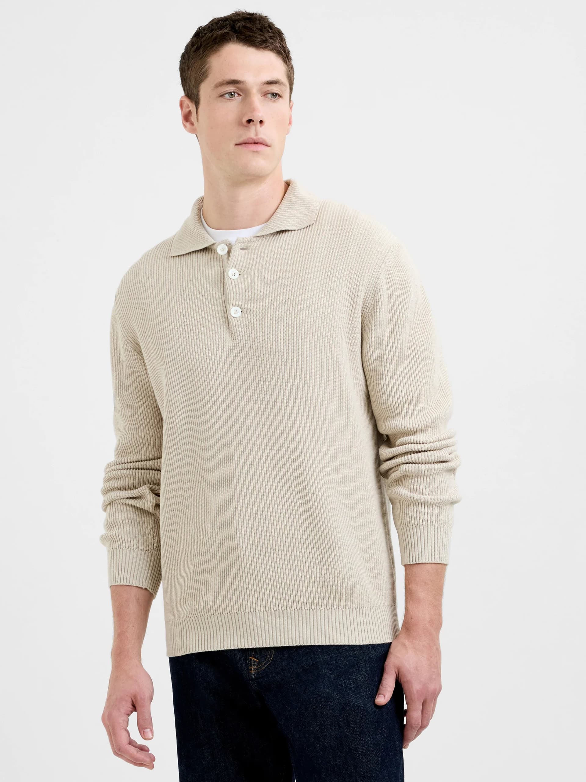 French Connection Heavy Knitted Long Sleeve Polo Jumper Bone White Beige