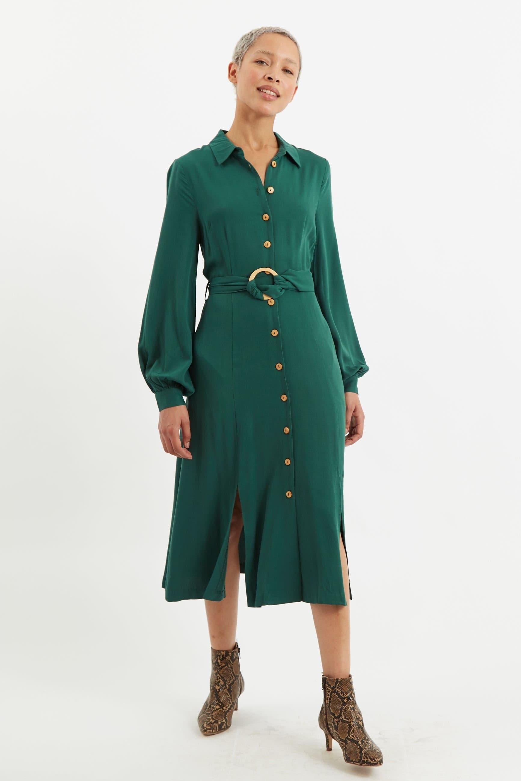 Louche Louche Women's Rebecka Twill Long Sleeve Midi Dress in Green