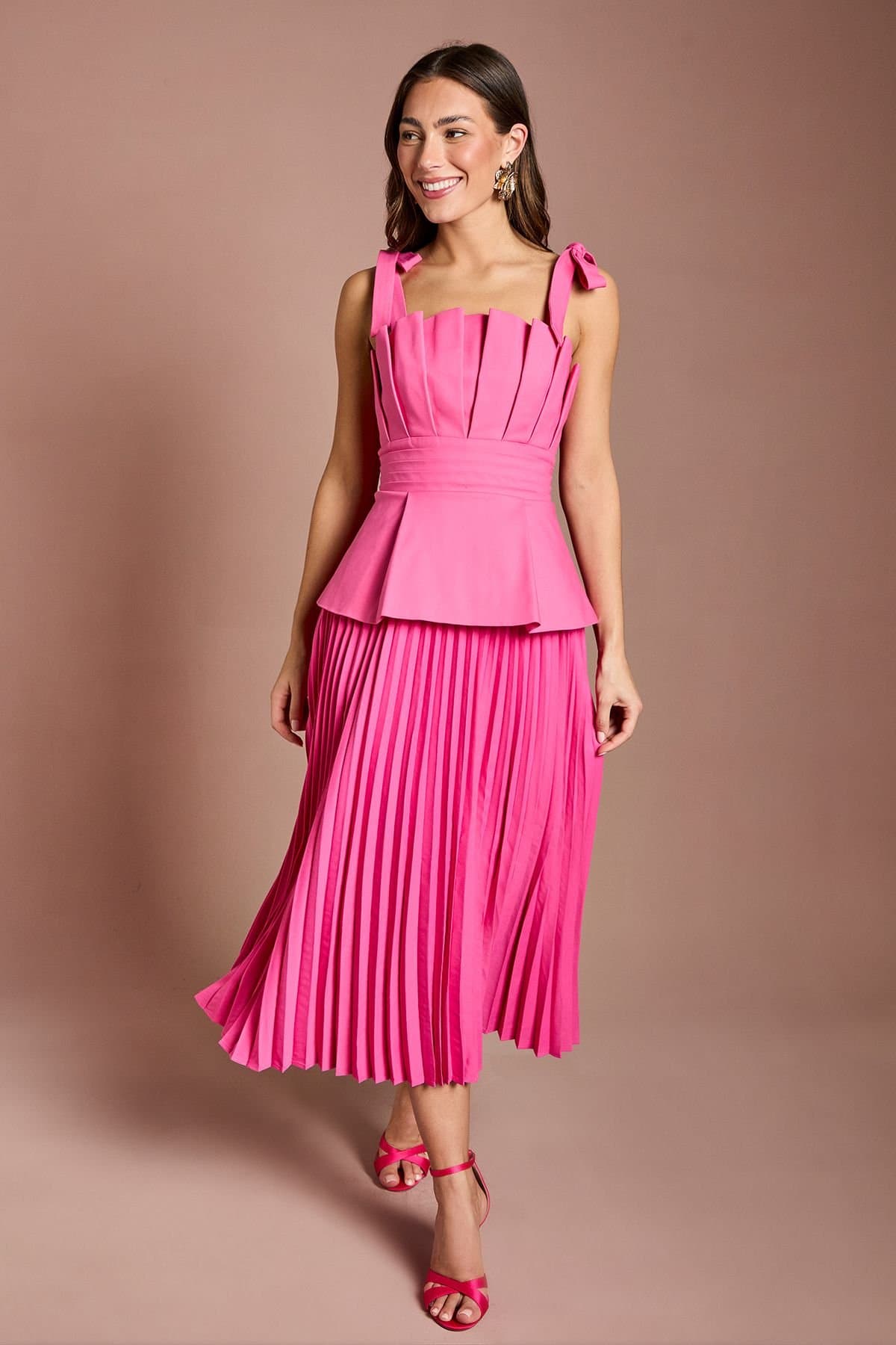 Coast Coast Women's Pleat Bodice Bow Shoulder Peplum Midi Dress in Pink