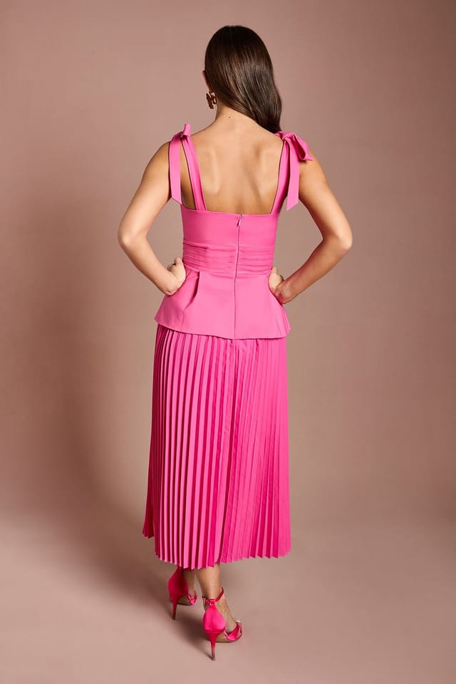 Coast Coast Women's Pleat Bodice Bow Shoulder Peplum Midi Dress in Pink - 3
