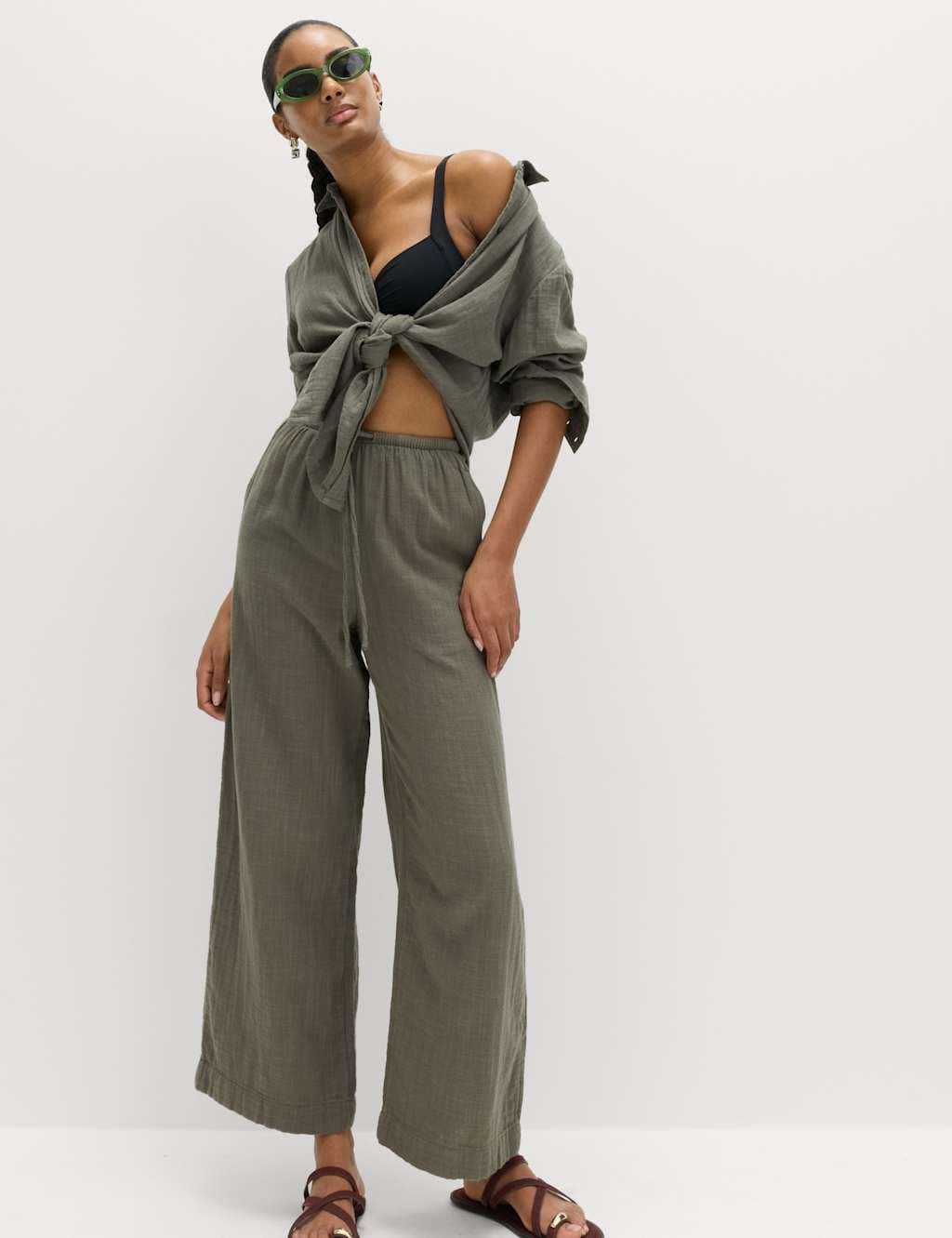 Marks & Spencer M&S Pure Cotton Drawstring Beach Trousers Dark Khaki