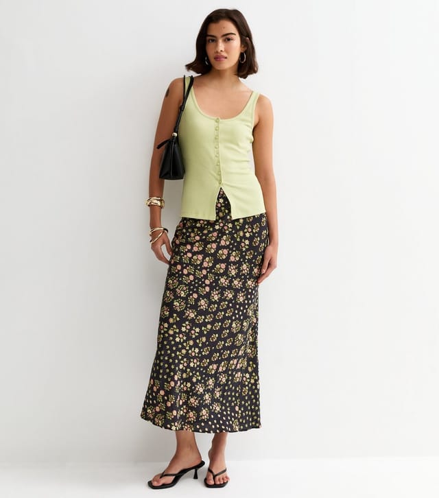New Look Women's Black Floral Bias Cut Midi Skirt New Look - 3