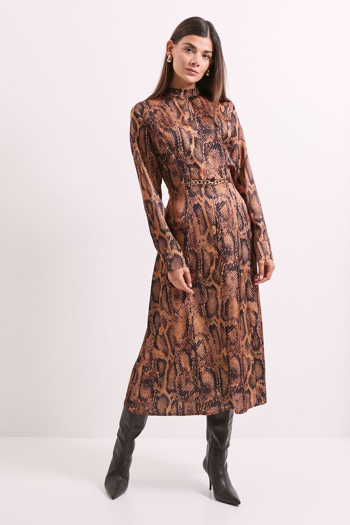 Principles Principles Women's Snake Print Chain Detail Satin Midi Dress