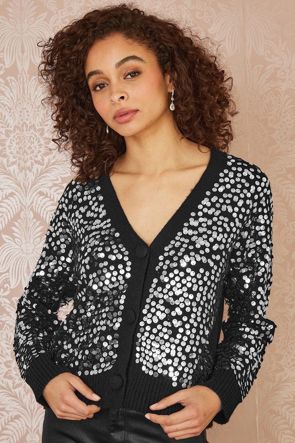 Mela Mela Women's Black Sequin Knitted Cardigan