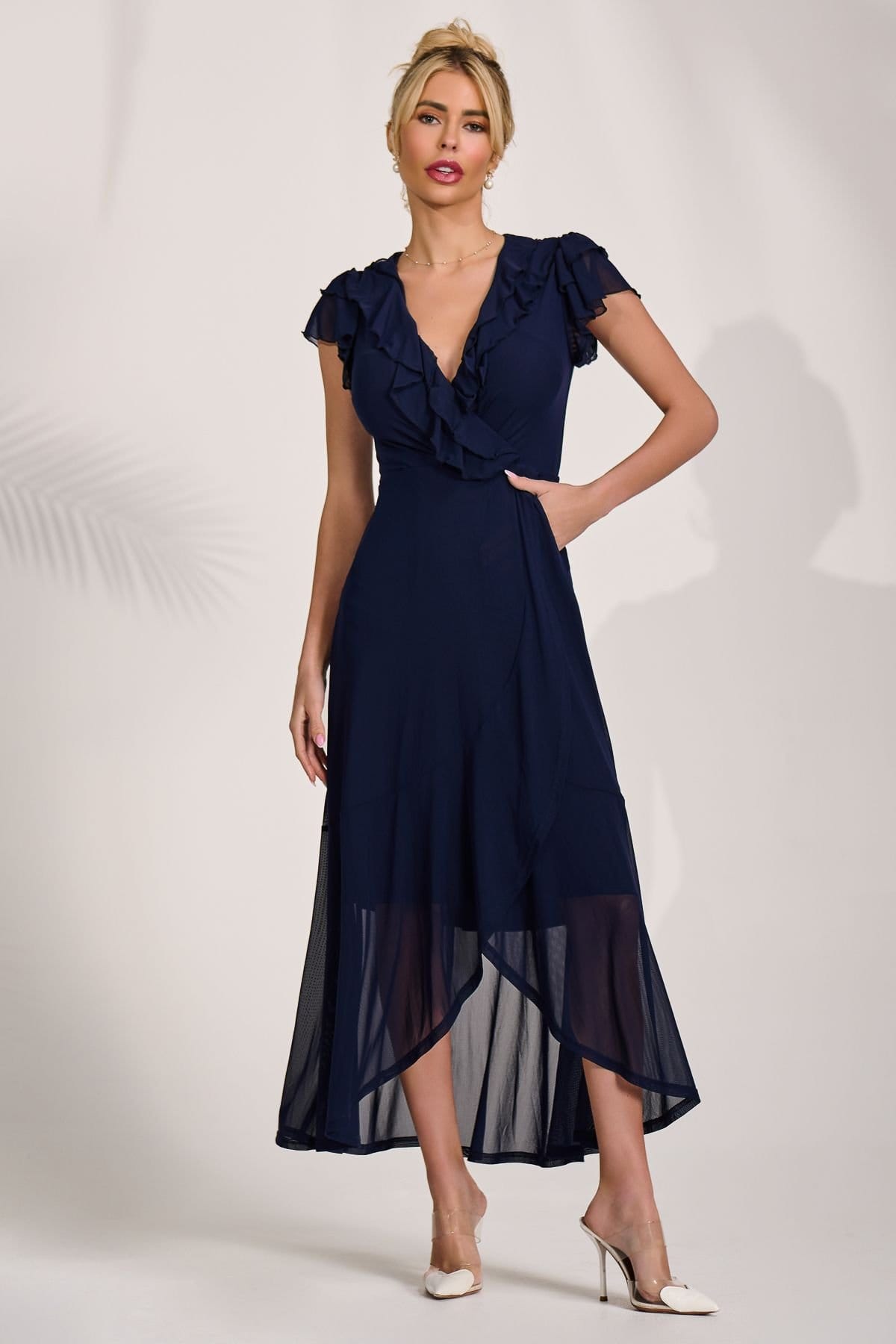 Jolie Moi Jolie Moi Women's Ruffled Mesh Maxi Dress in Navy - 4