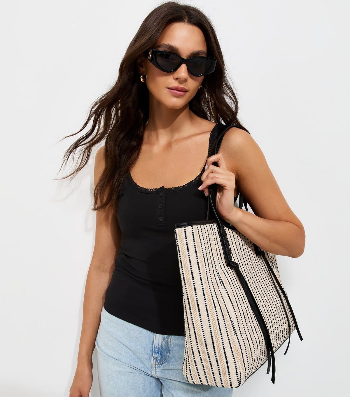 New Look Women's Black Cotton Rich Lace Trim Henley Cami Top New Look