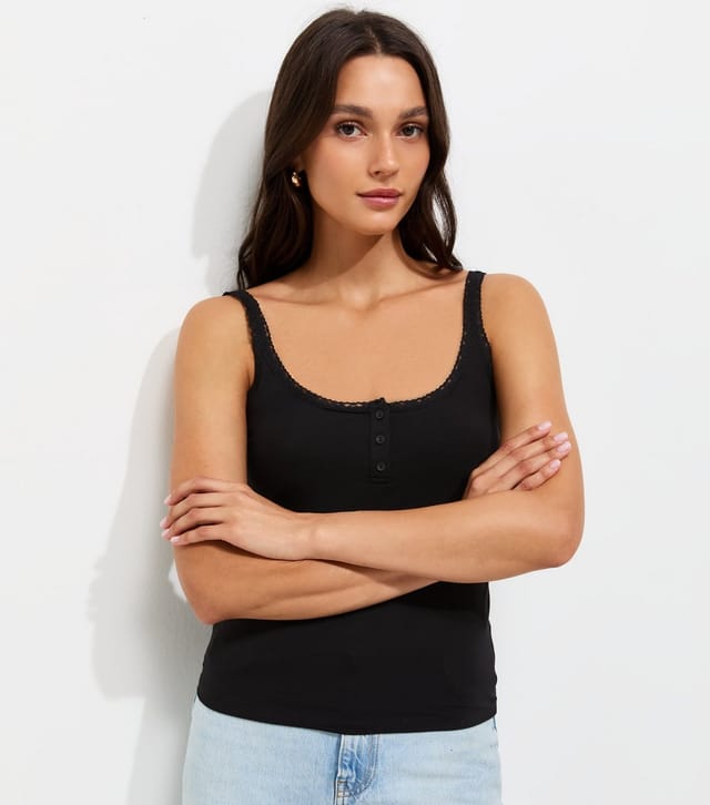 New Look Women's Black Cotton Rich Lace Trim Henley Cami Top New Look - 3