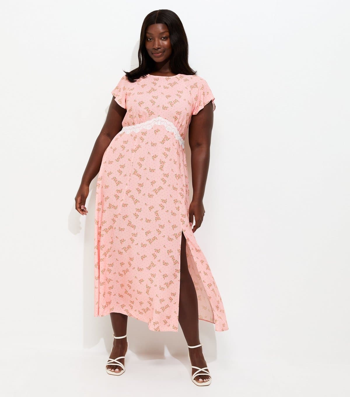 New Look Women's Plus Size Pink Floral Print Lace Trim Midi Dress Curves New Look
