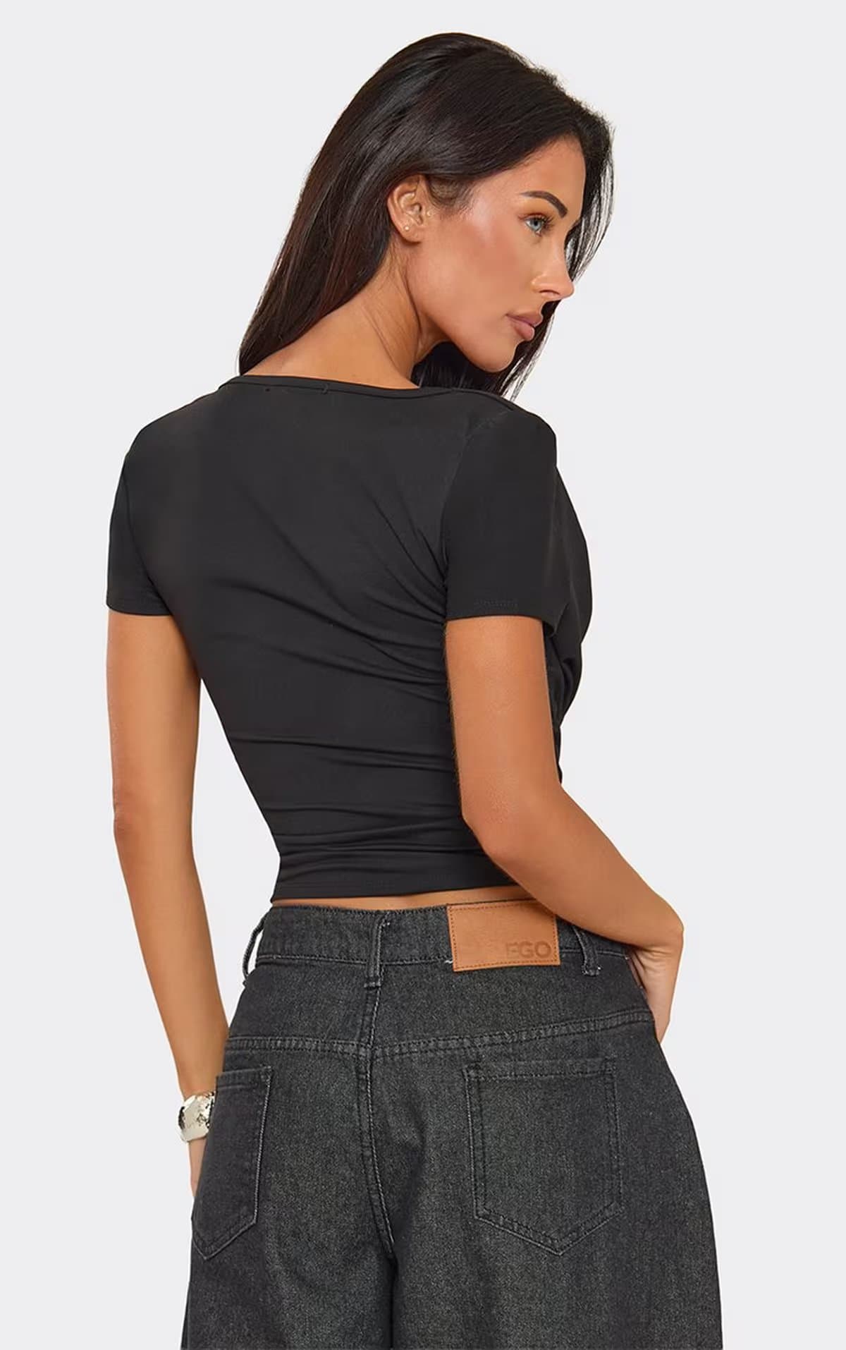 EGO Short Sleeve Extreme Cowl Front Top In Black, Women's Size UK 6