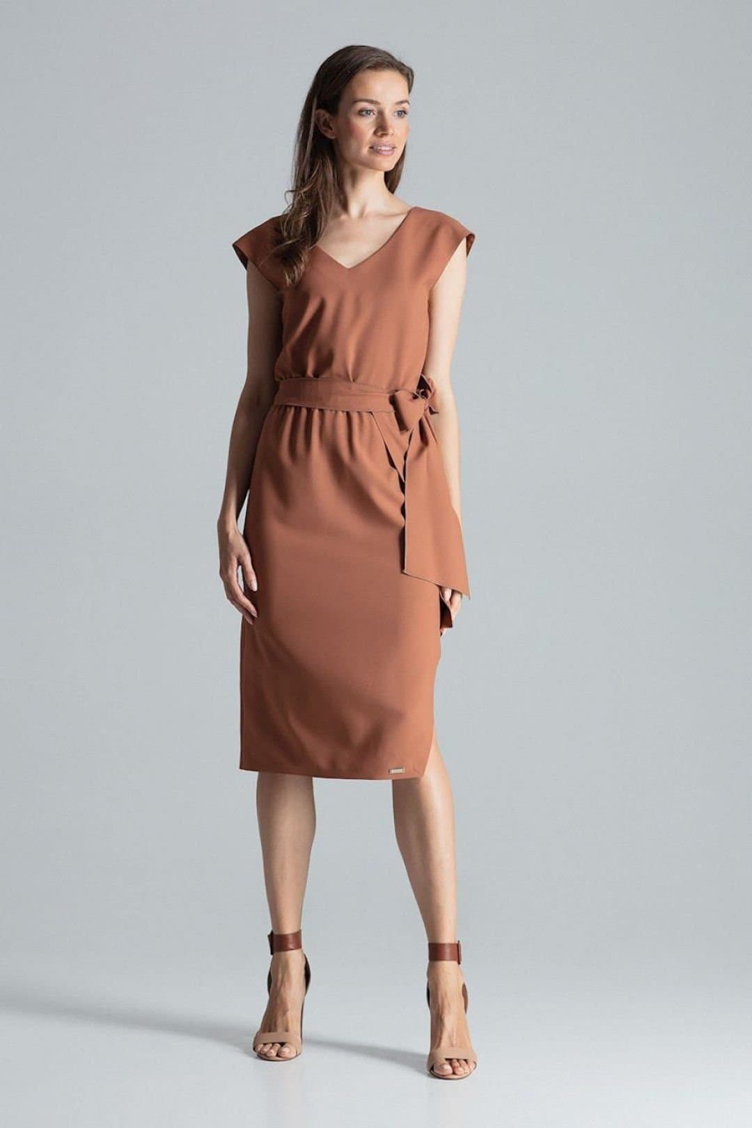 Love Lace Love Lace Women's V Neck Midi Dress Elastic Waist Slit in Brown
