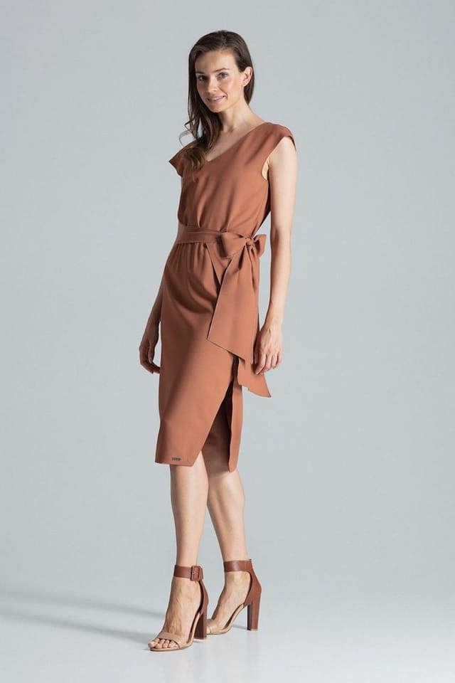Love Lace Love Lace Women's V Neck Midi Dress Elastic Waist Slit in Brown - 2