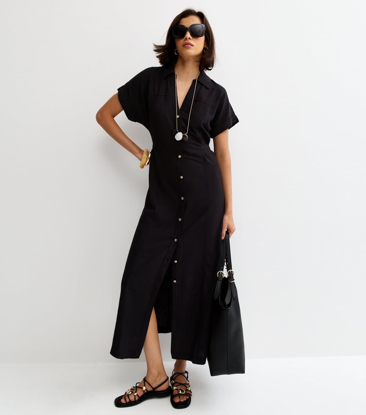 New Look Women's Black Linen Blend Shirt Midi Dress New Look